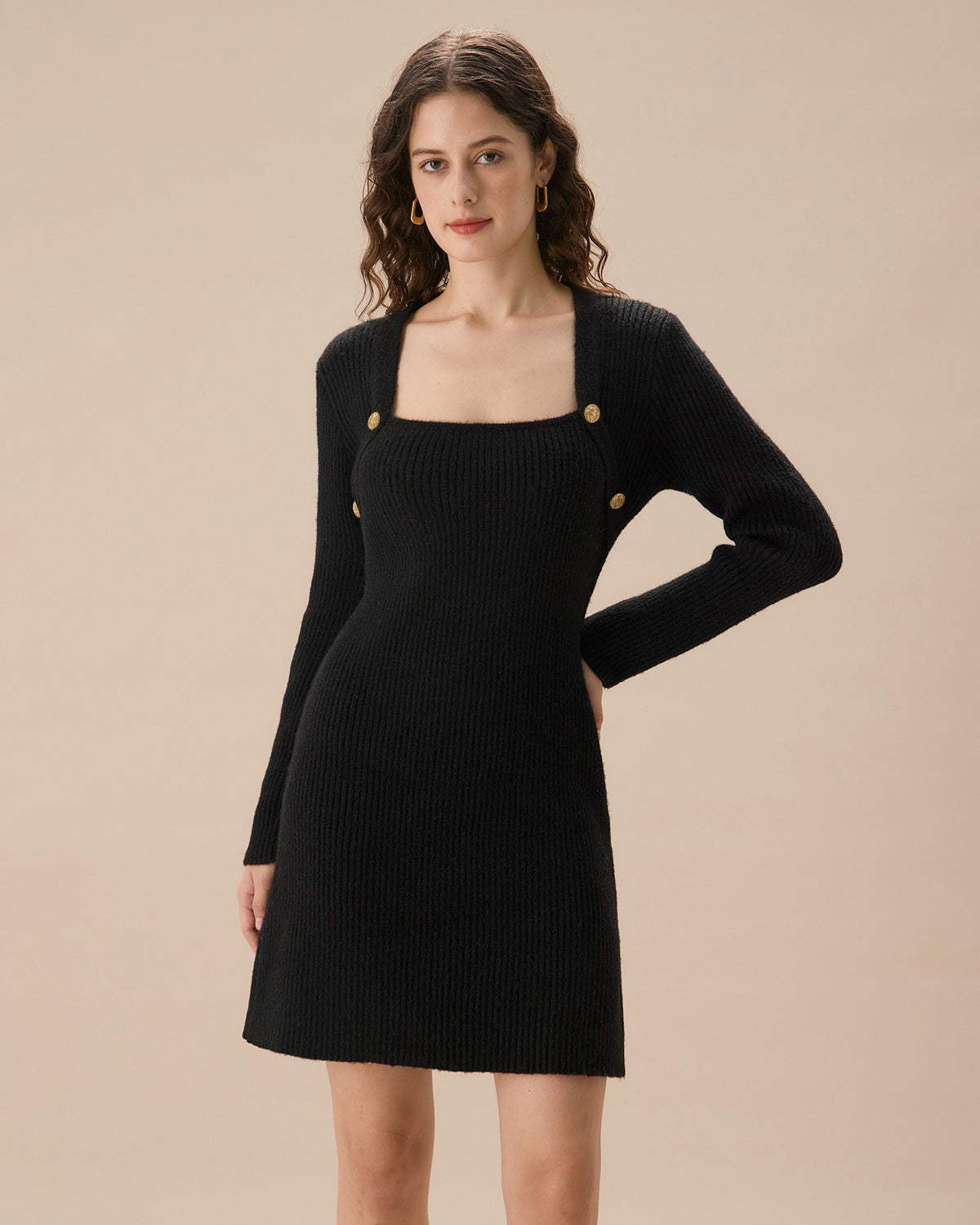 Black Square Neck Button Sweater Dress Outlet Fashion Style