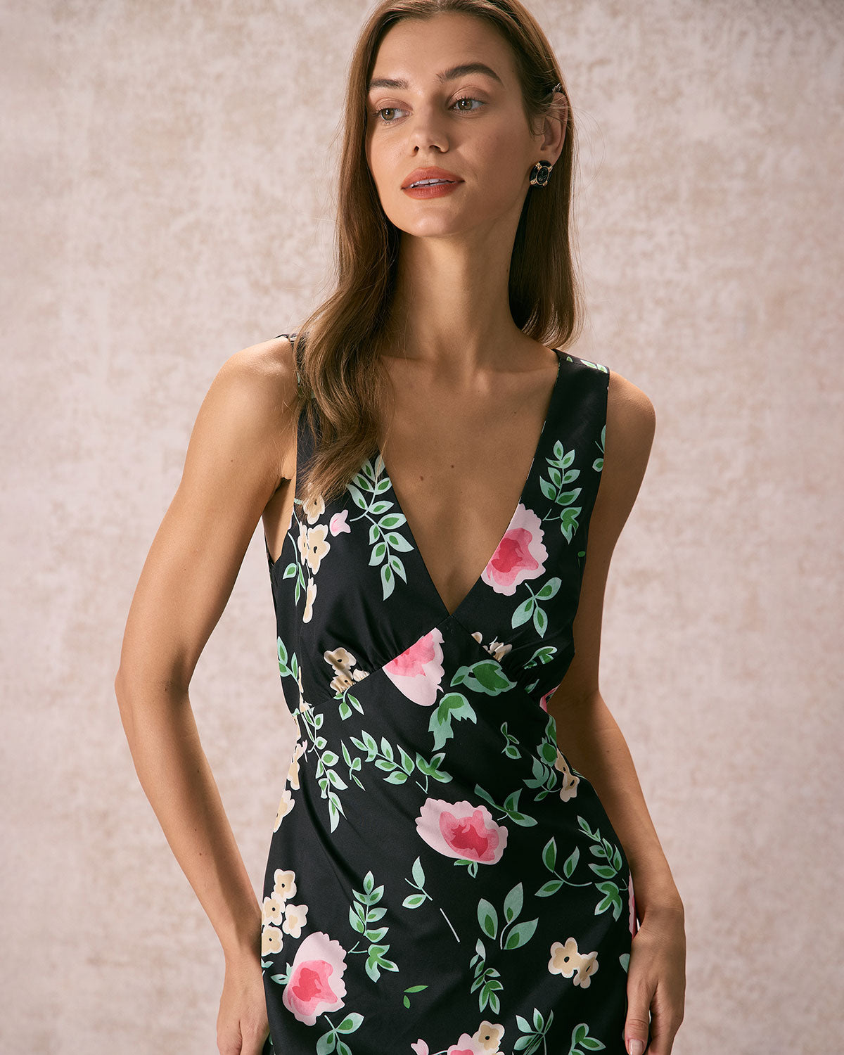 The Black V Neck Tie Back Floral Midi Dress Discount Explore