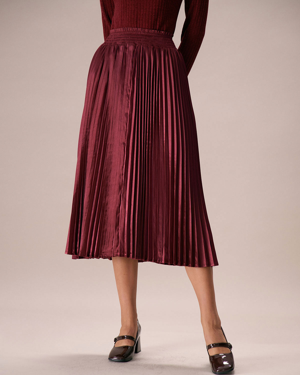 The Wine Red Elastic Waist Pleated Midi Skirt Discount Tumblr