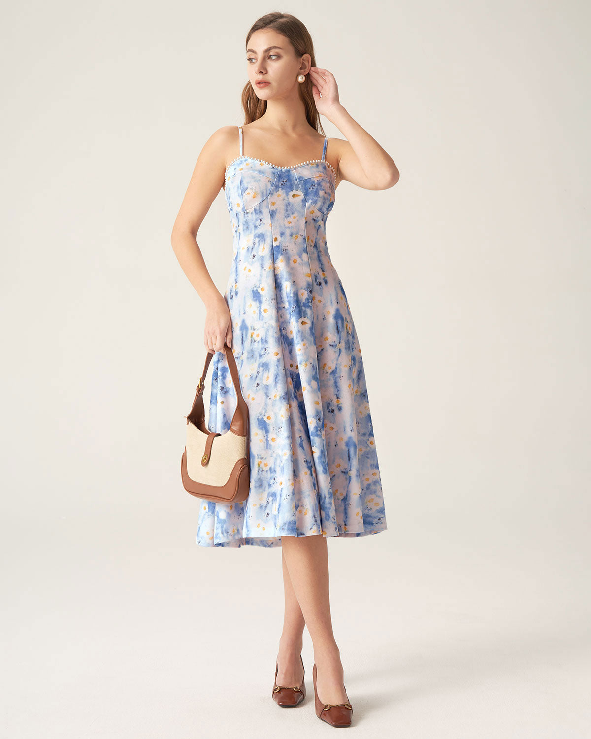 Blue Floral Sweetheart Neck Midi Dress Cheap Sale Amazon