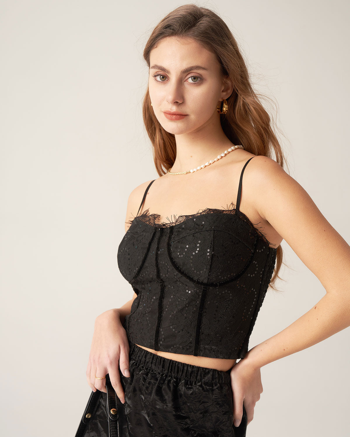 Black Lace Sequin Sweetheart Neck Camis For Cheap