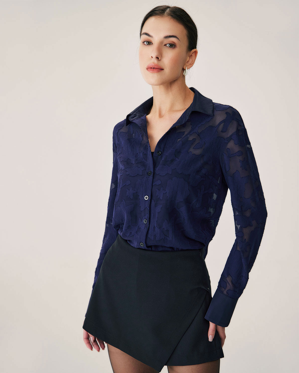 Navy Jacquard Long Sleeve Shirt Good Selling Online