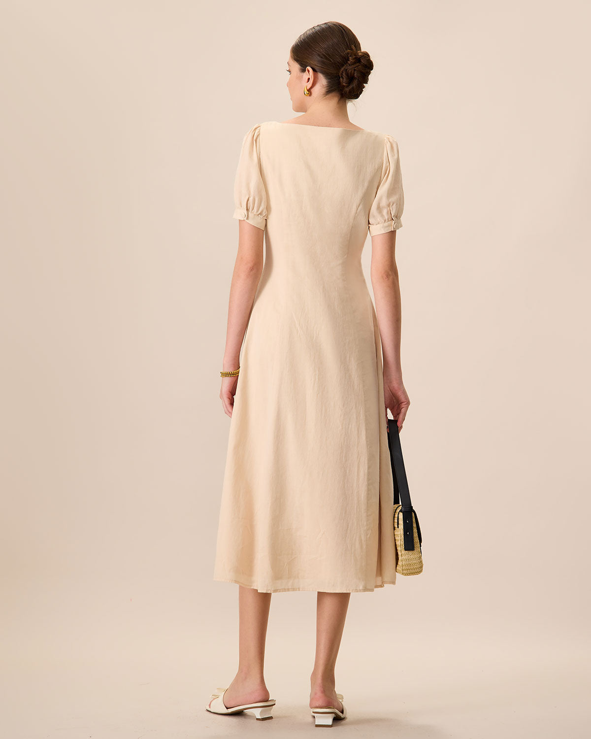 Women's Apricot Puff Sleeve Cotton Midi Dress