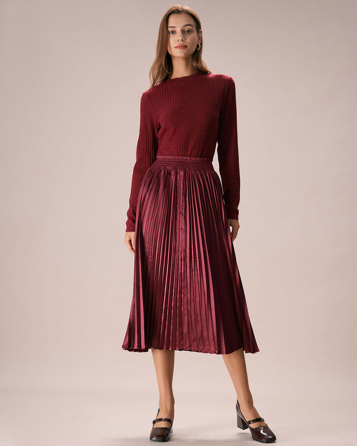 The Wine Red Elastic Waist Pleated Midi Skirt Discount Tumblr