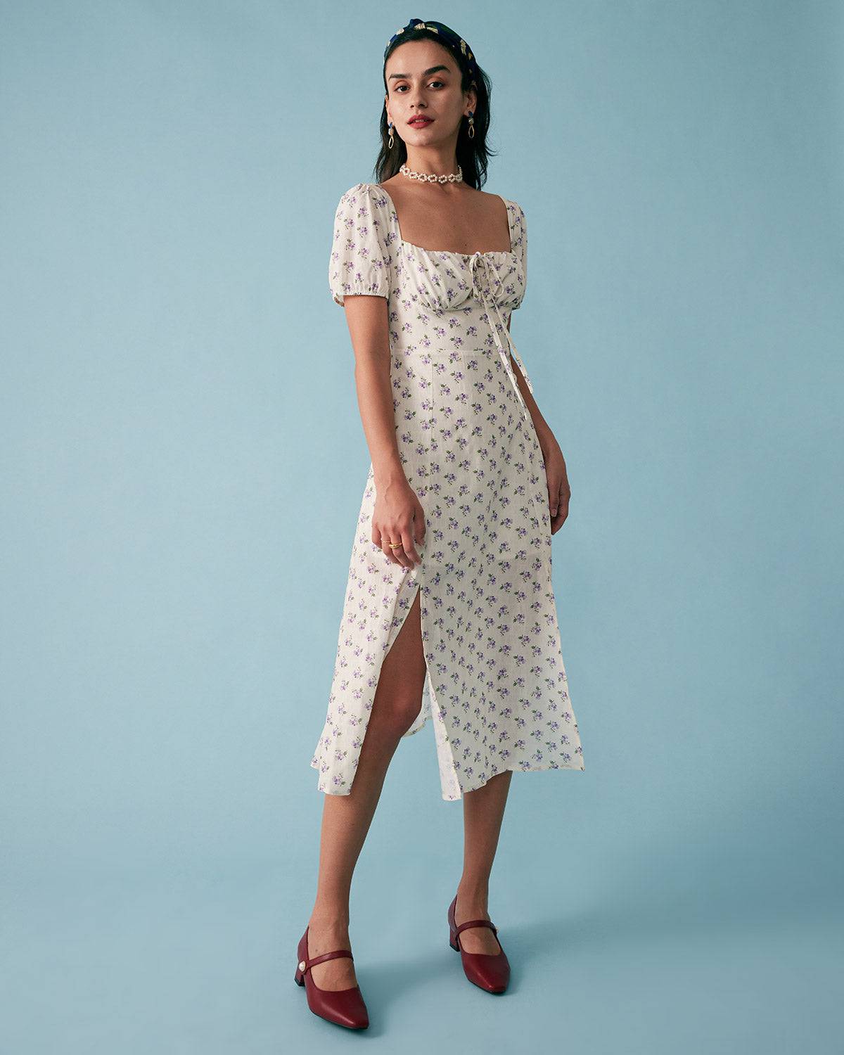 The Short Sleeve Floral Ruched Midi Dress Cheap Pice Outlet Sale