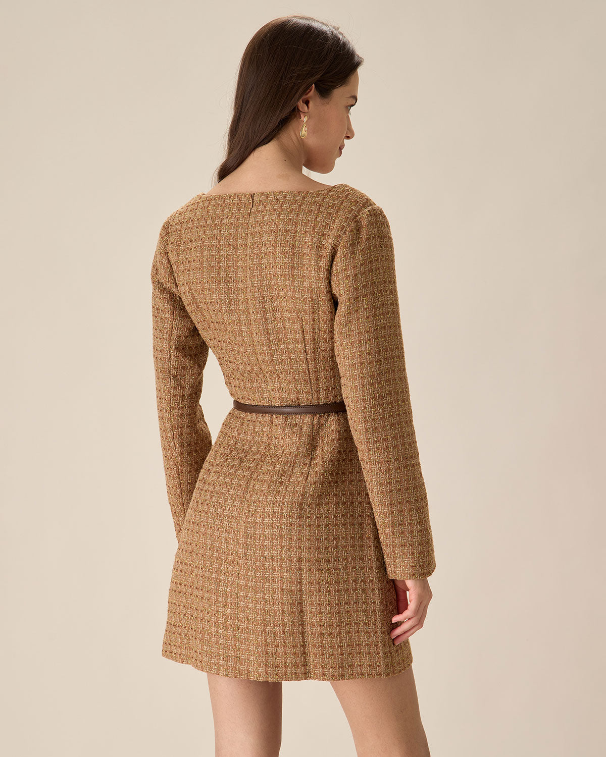 Brown U Neck Button-Up Tweed Mini Dress Outlet