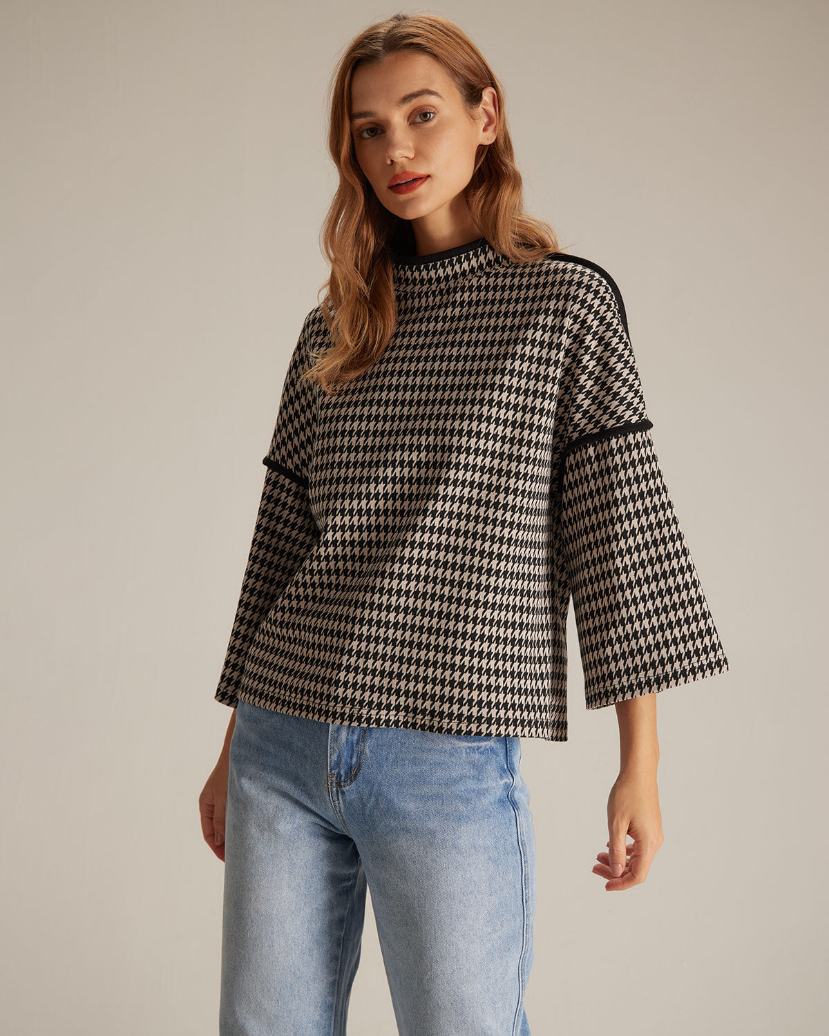 The Black Mock Neck Houndstooth Sweatshirt Cheap Sale Fashionable