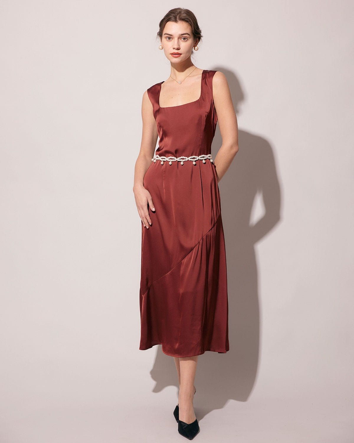 The Coffee Square Neck Sleeveless Satin Midi Dress Reliable For Sale