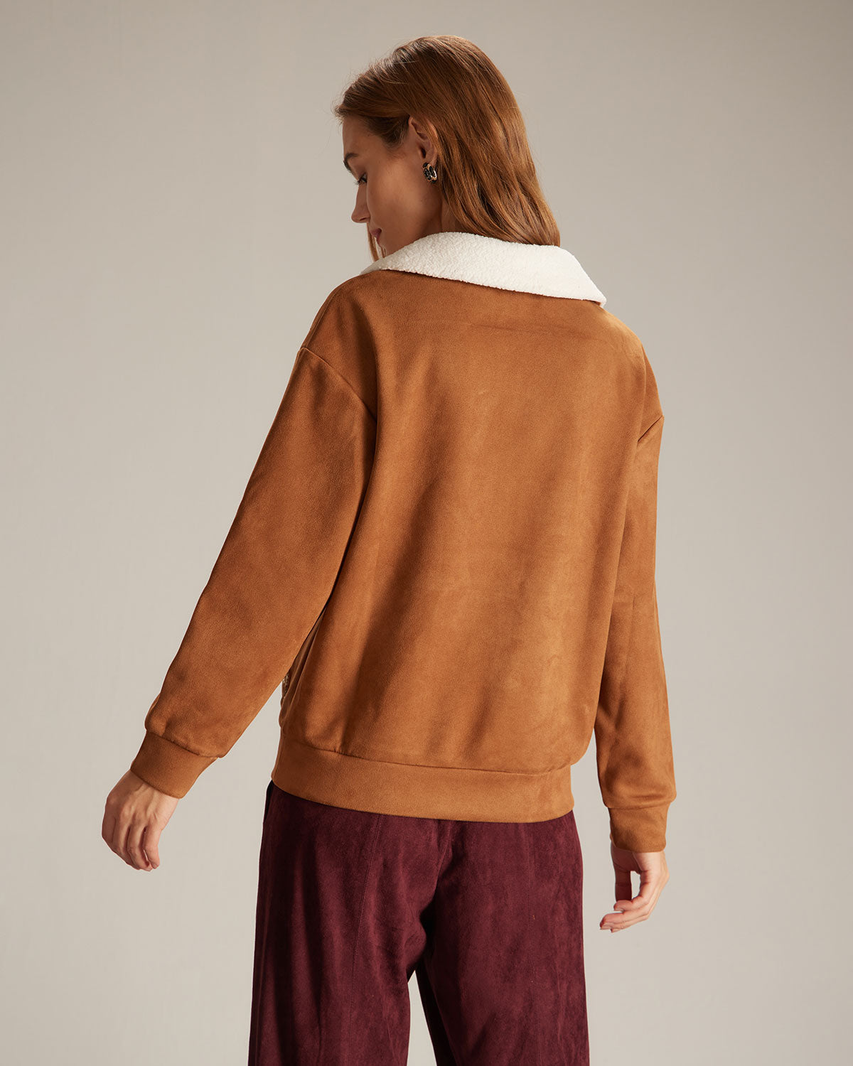 The Brown Lapel Button Suede Sweatshirt Store Cheap Online