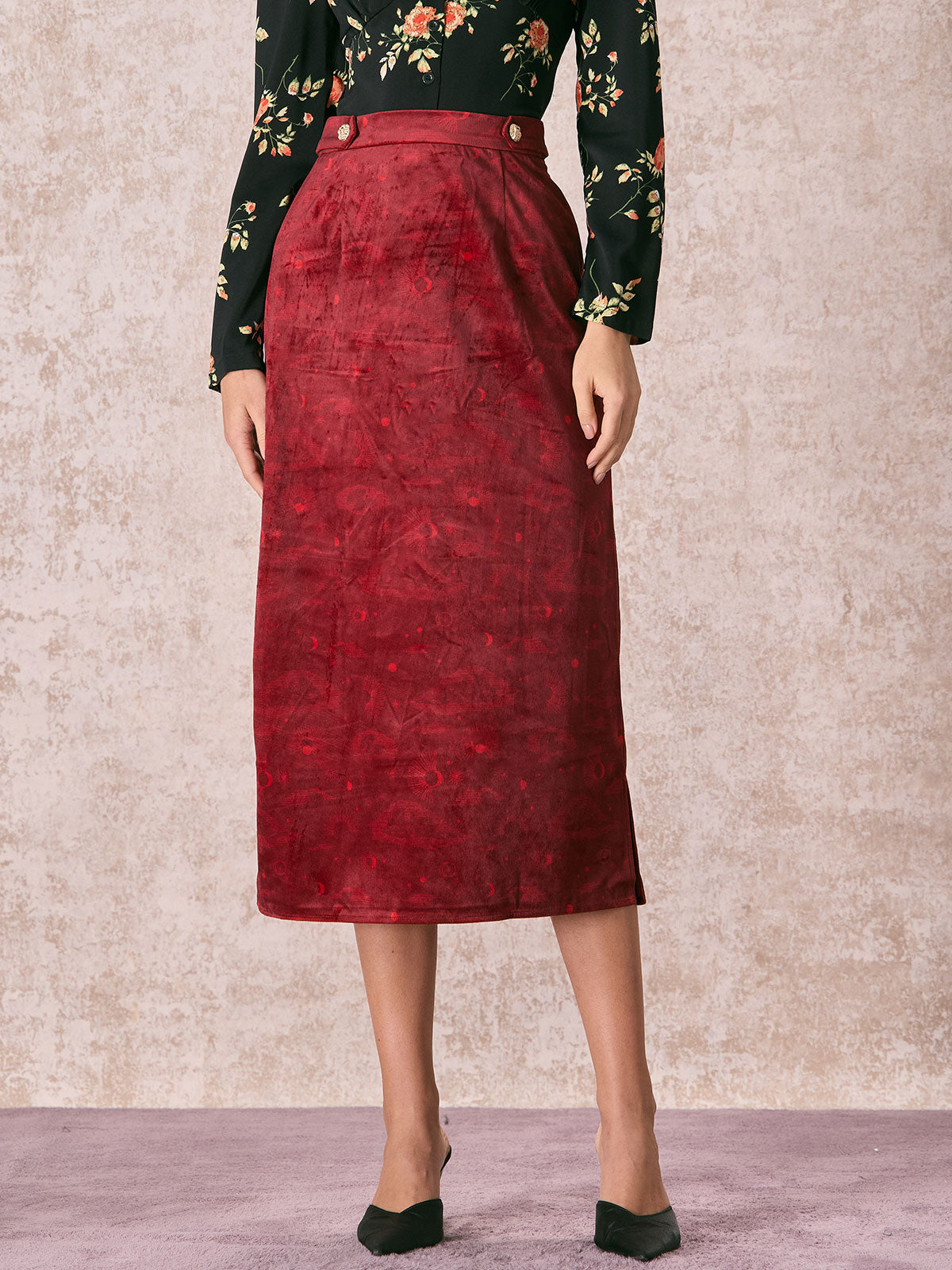 The Wine Red Split Hem Velvet Midi Skirt Buy Cheap Big Discount