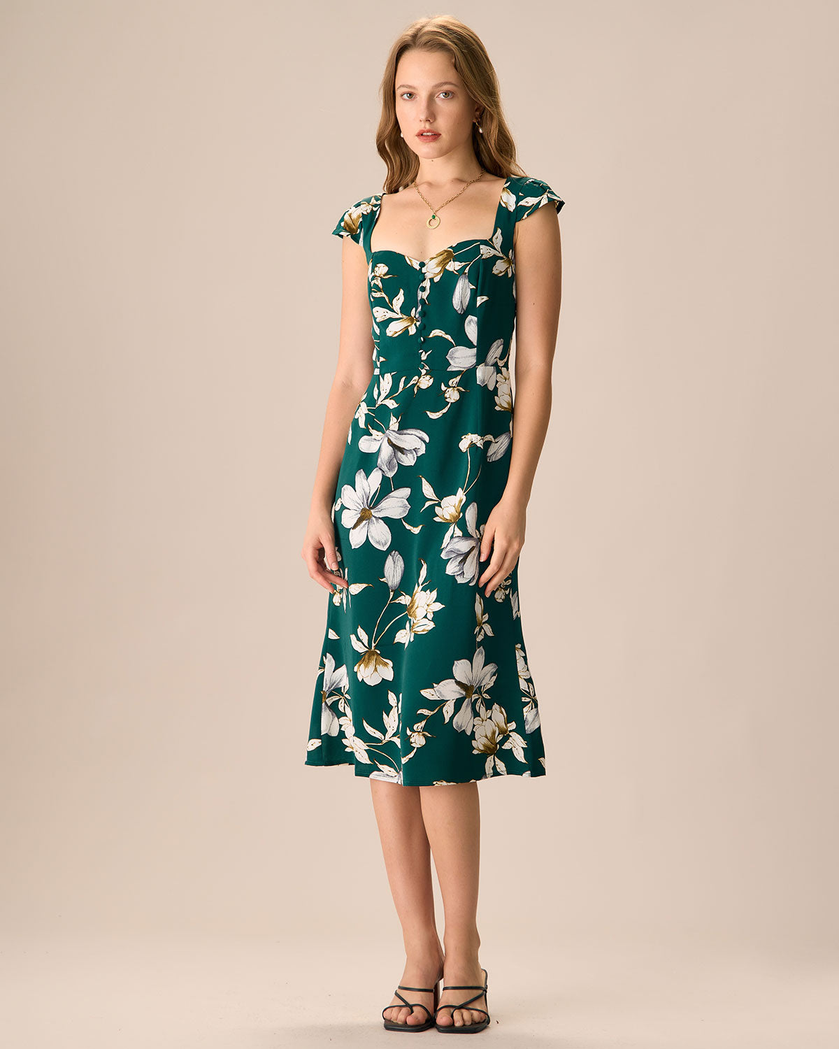 The Green Sweetheart Neck Cap Sleeve Floral Midi Dress Online Online High Quality