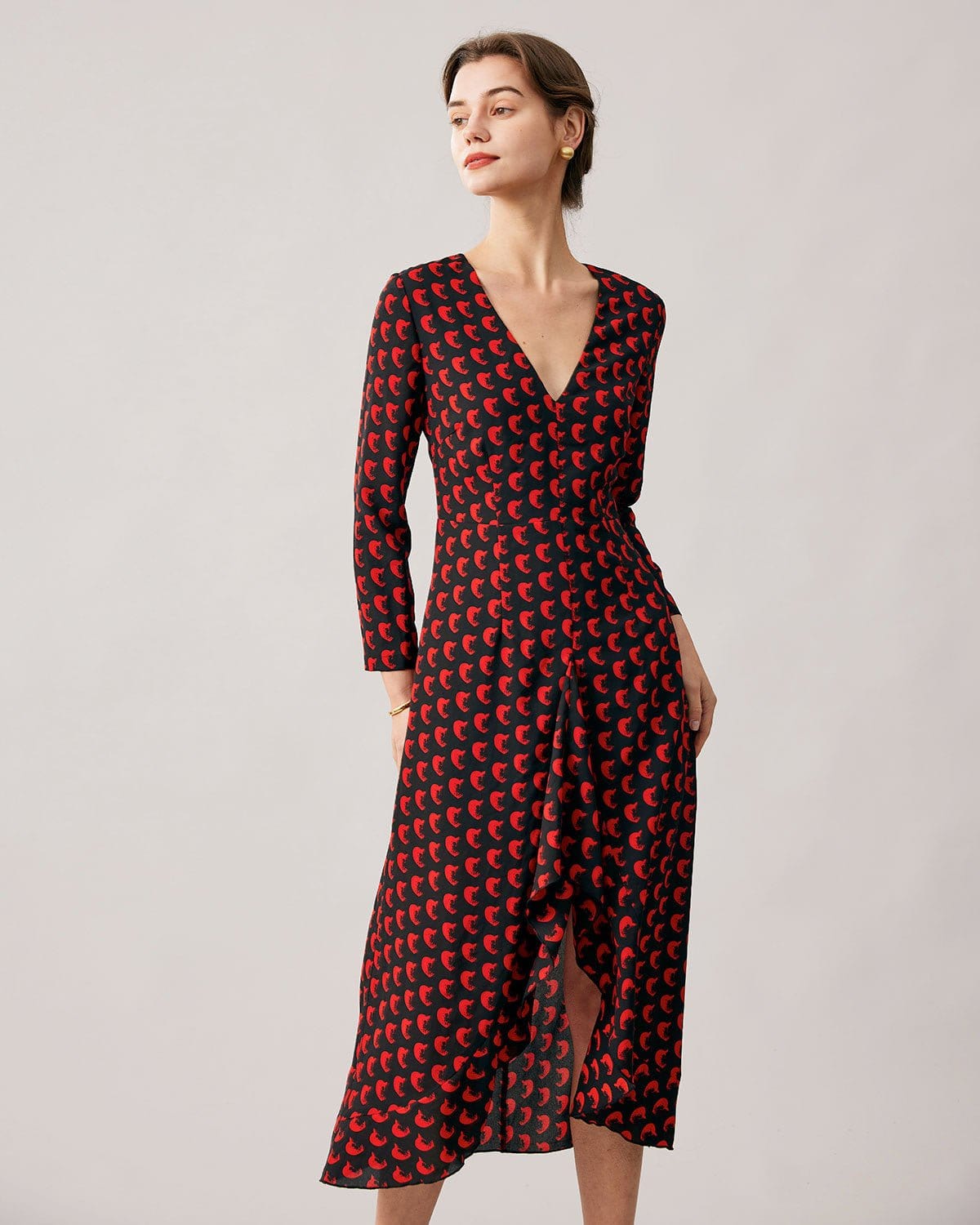 The Red V Neck Slit Long Sleeve Midi Dress Clearance 2025