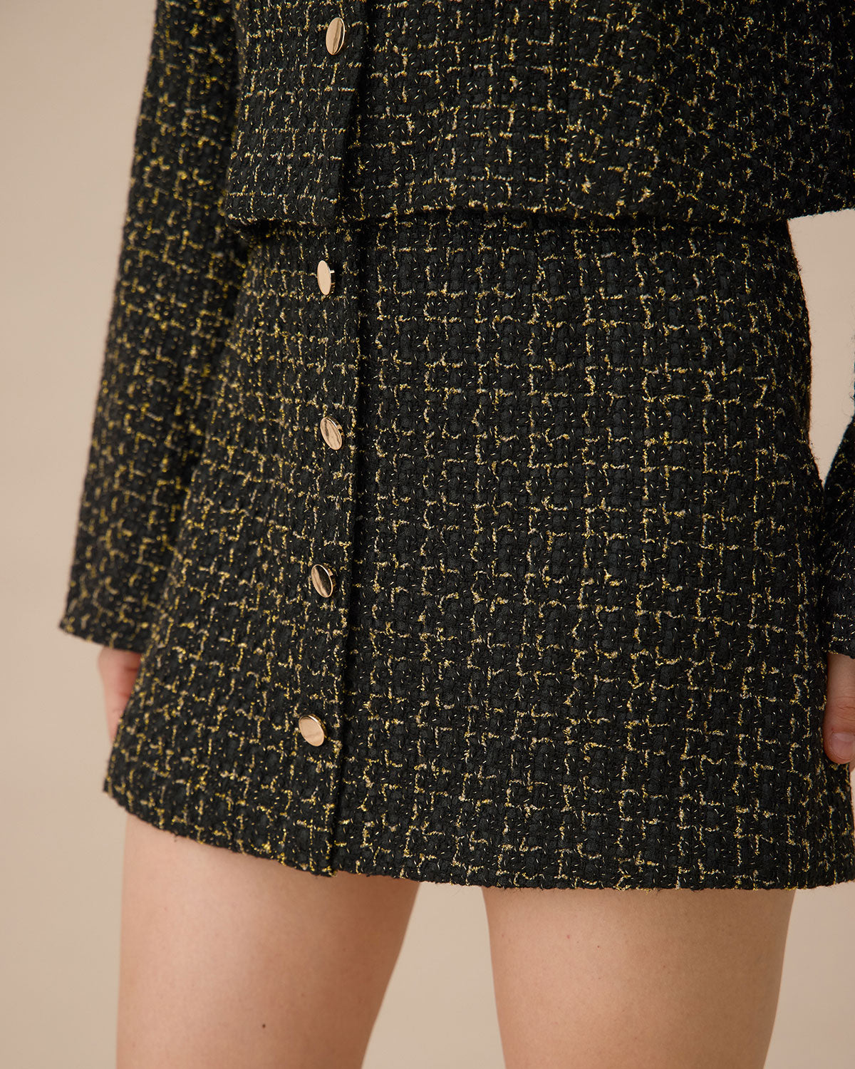 Black High-waisted Button Tweed Skirt Cheap Sale Shop