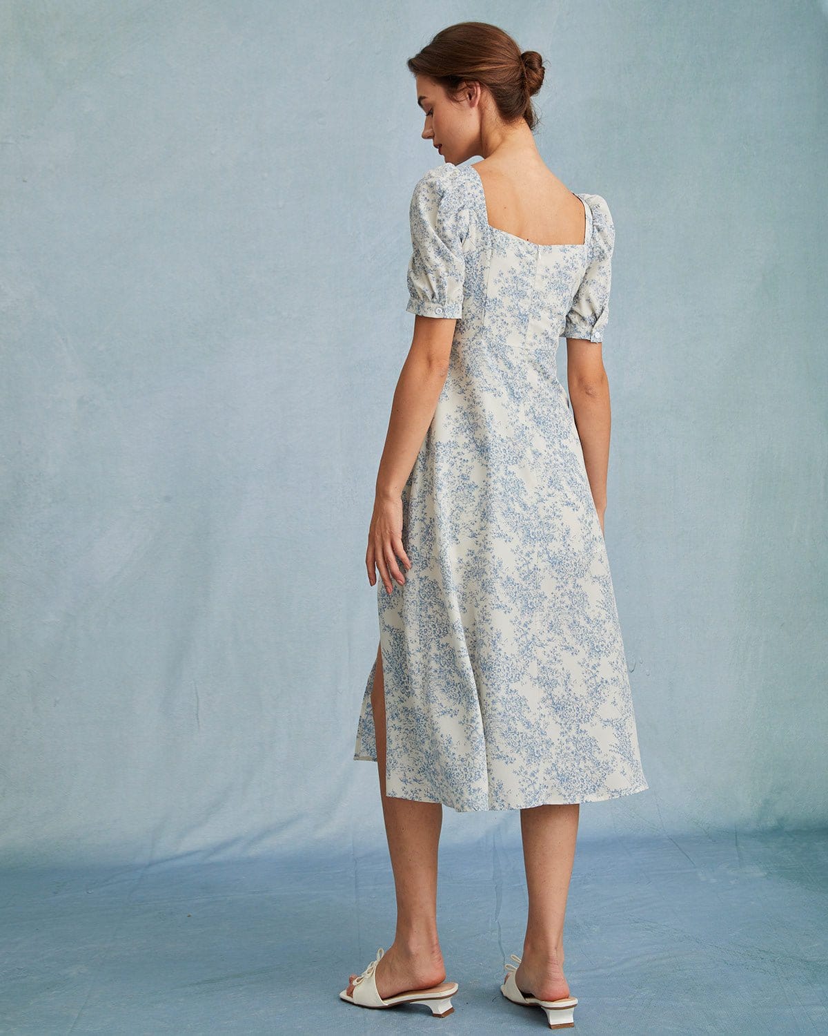 The Blue Sweetheart Neck Puff Sleeve Floral Midi Dress Low Cost Cheap Pice