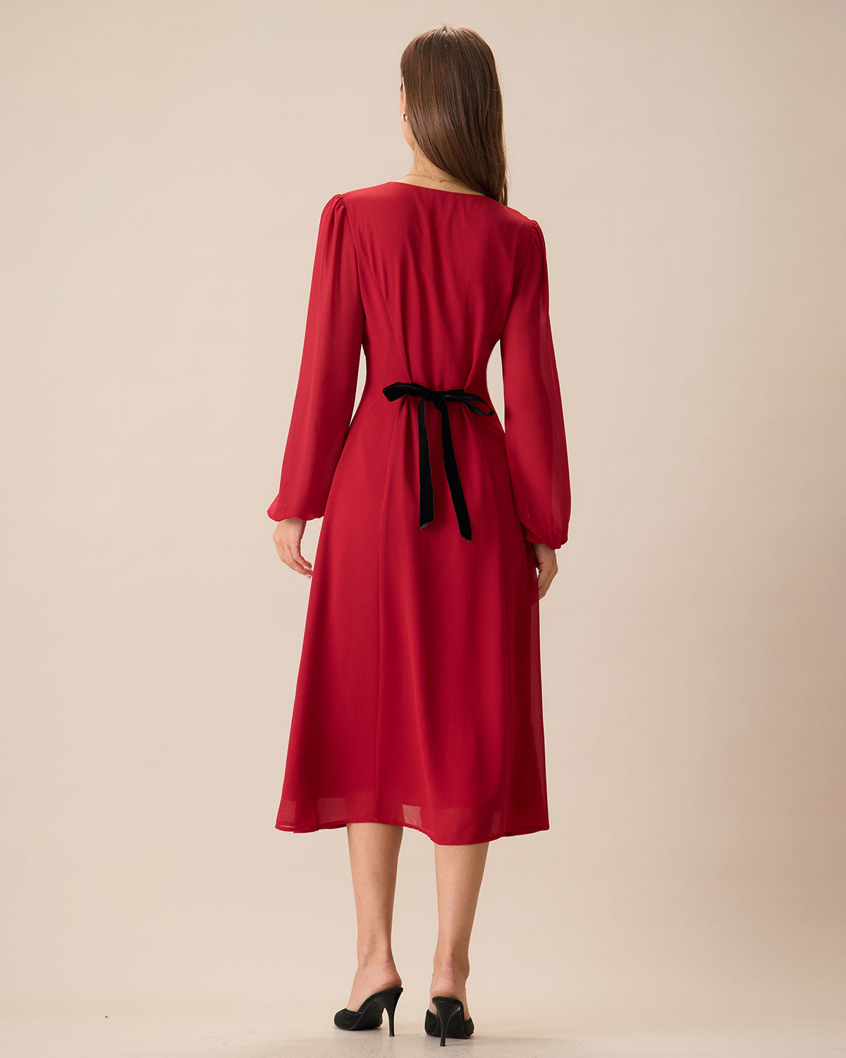 Women's Red V-Neck Puff Sleeve Slit Midi Dress