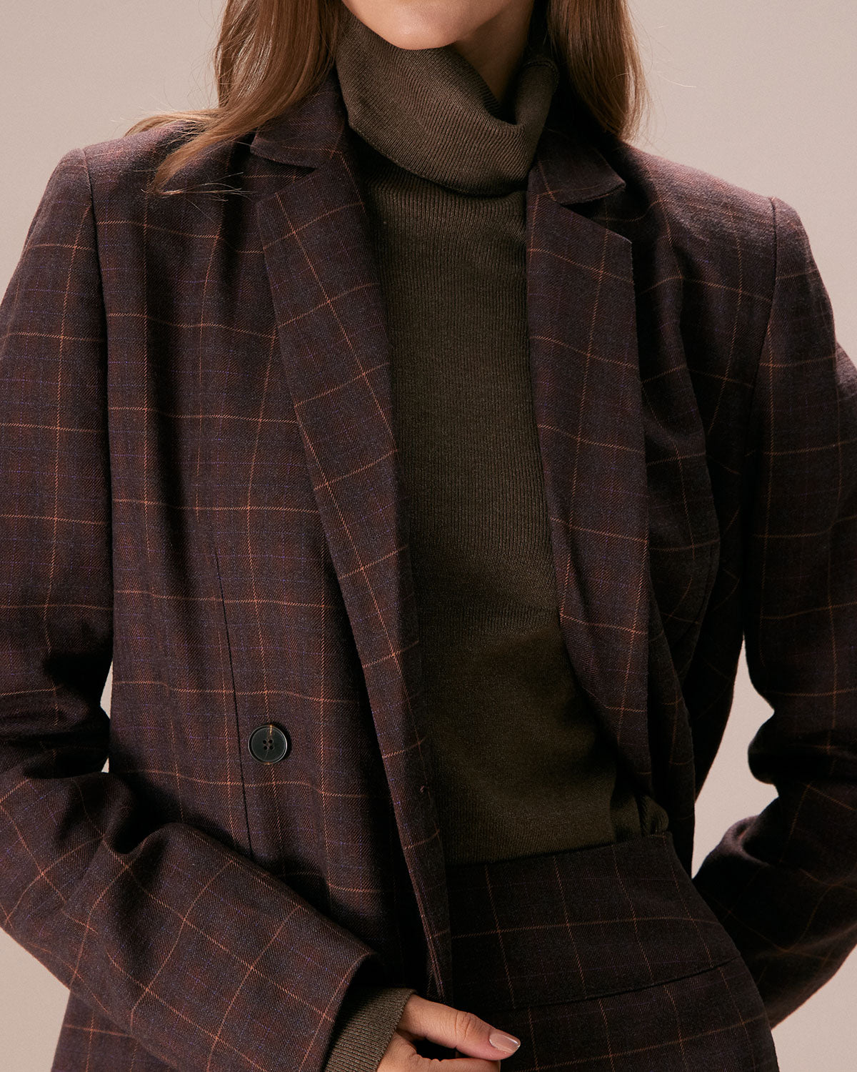 The Coffee Lapel Double Breasted Plaid Blazer Hot Sale