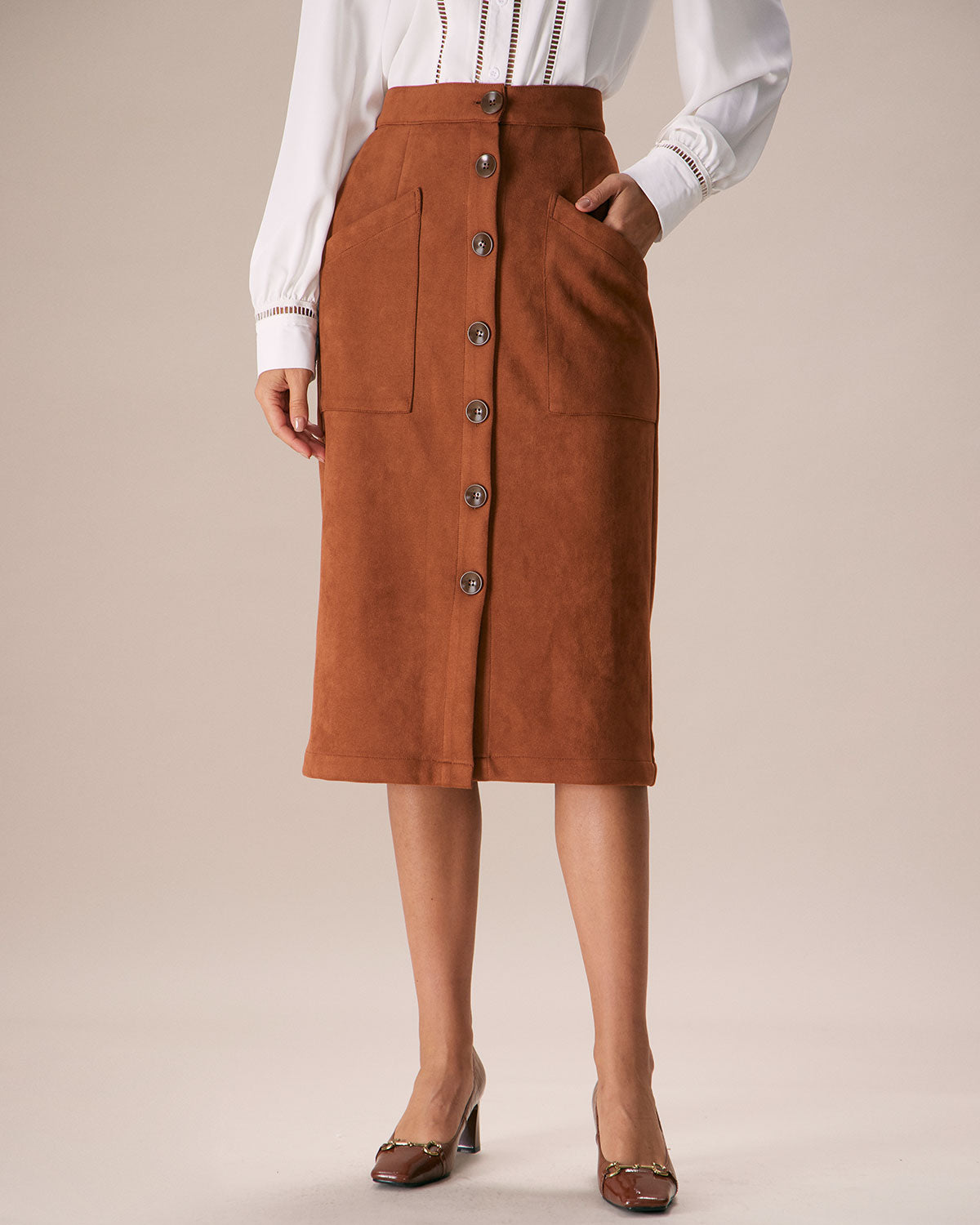 The Brown Suede Single Breasted Midi Skirt Best Place For Sale