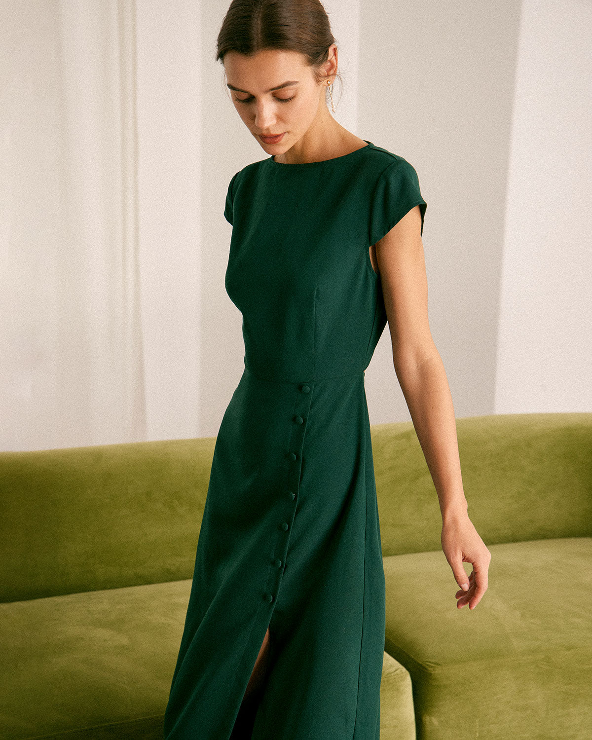 The Green Boat Neck Cutout Back Midi Dress Sale Low Cost