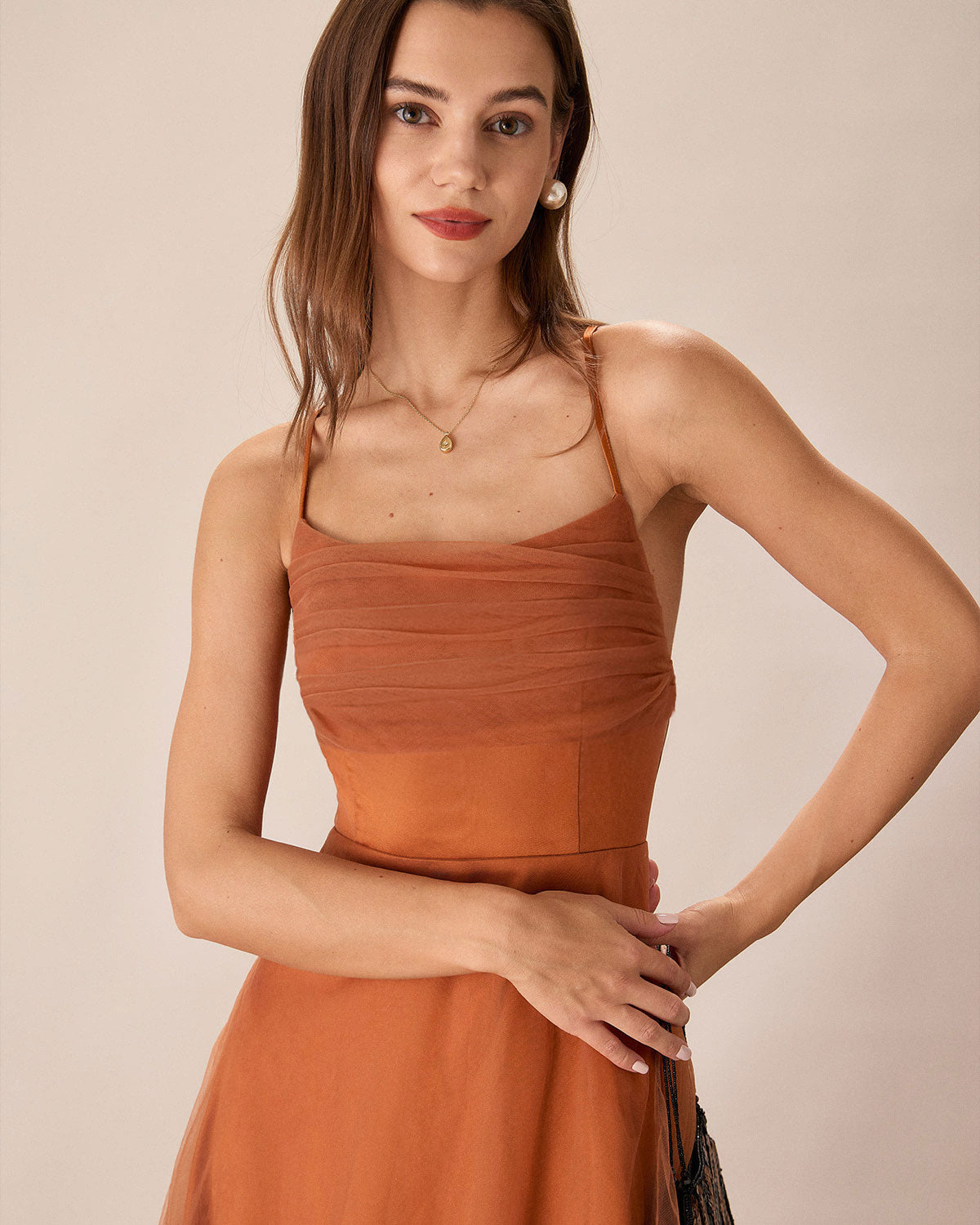 Caramel Mesh Flowy Slip Midi Dress Fashion Style Cheap Online