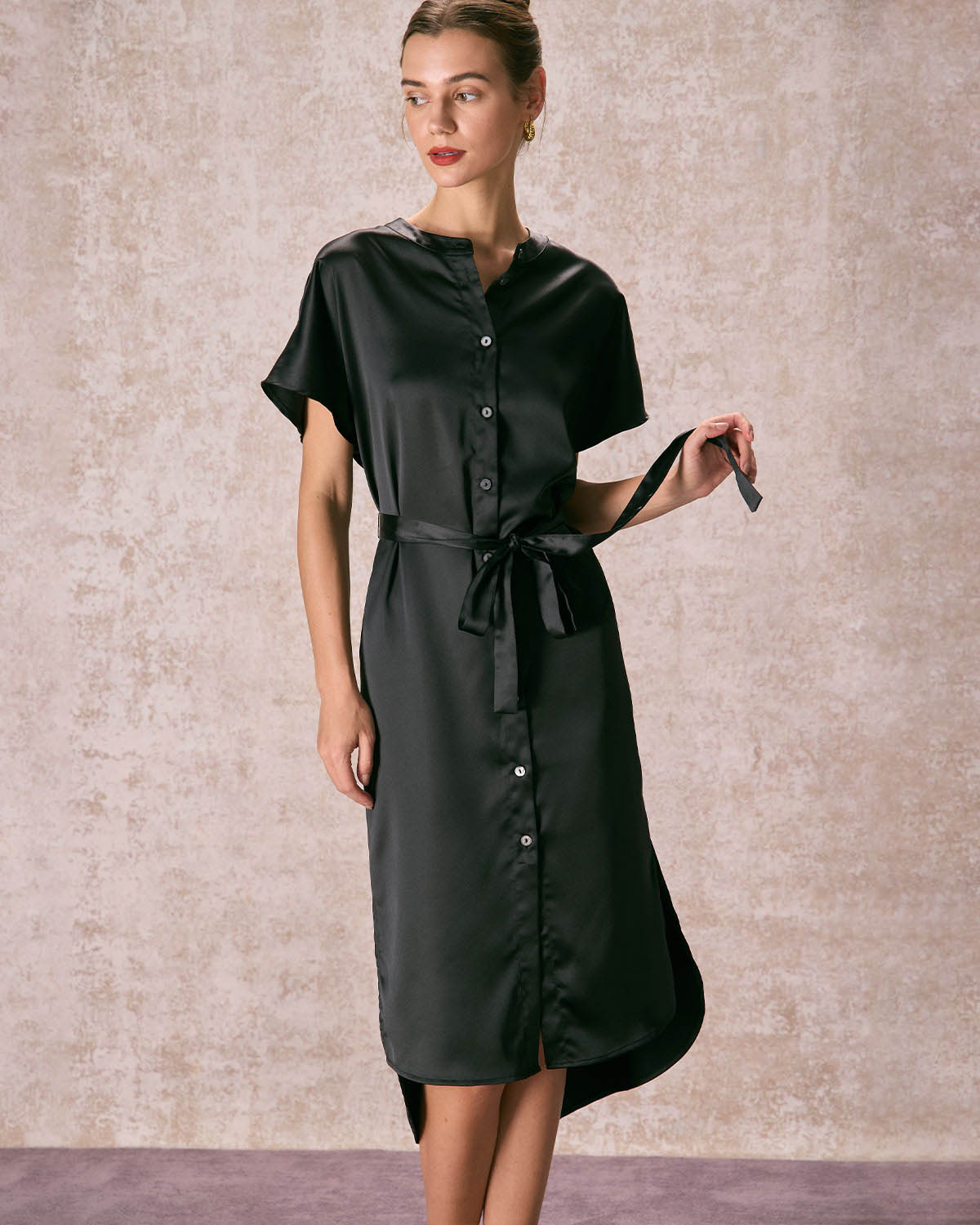 The Black Crew Neck Belted Satin Midi Dress Amazon For Sale