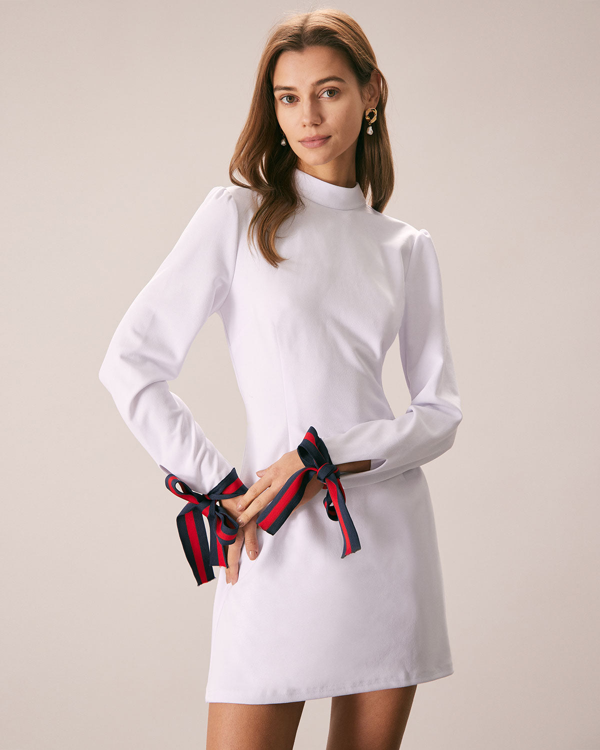 The White Mock Neck Bowknot Cuff Mini Dress Many Kinds Of Sale Online