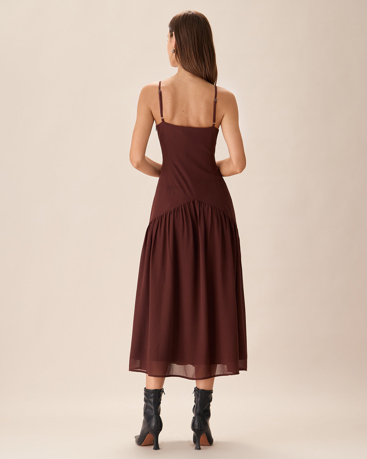 Brown Chiffon Ruched Slip Midi Dress Cheap Extremely