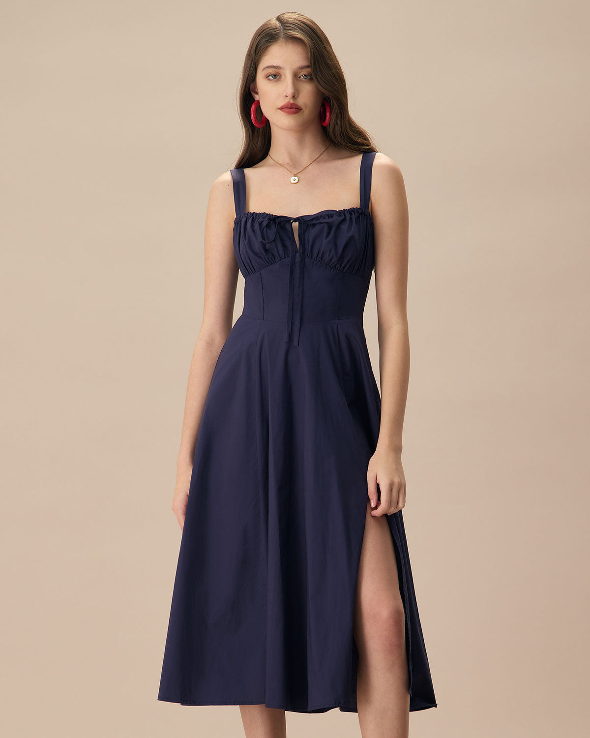 The Navy Square Neck Ruched Slip Midi Dress Free Shipping Finishline