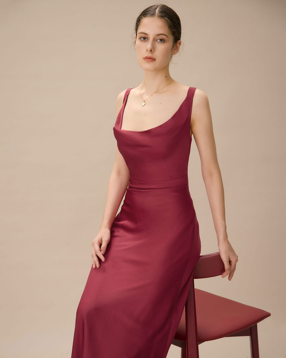 Red Cowl Neck Sheath Satin Maxi Dress Discount Sast