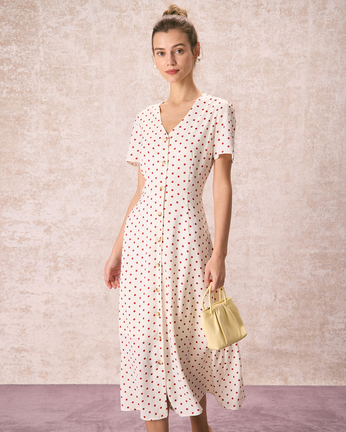 The Beige V Neck Polka Dot Button Midi Dress Free Shipping 2025 Unisex