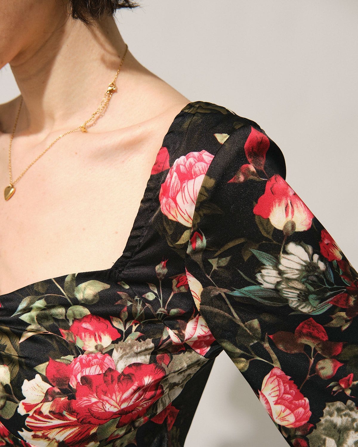 The Black Square Neck Floral Satin Blouse Best Sale For Sale