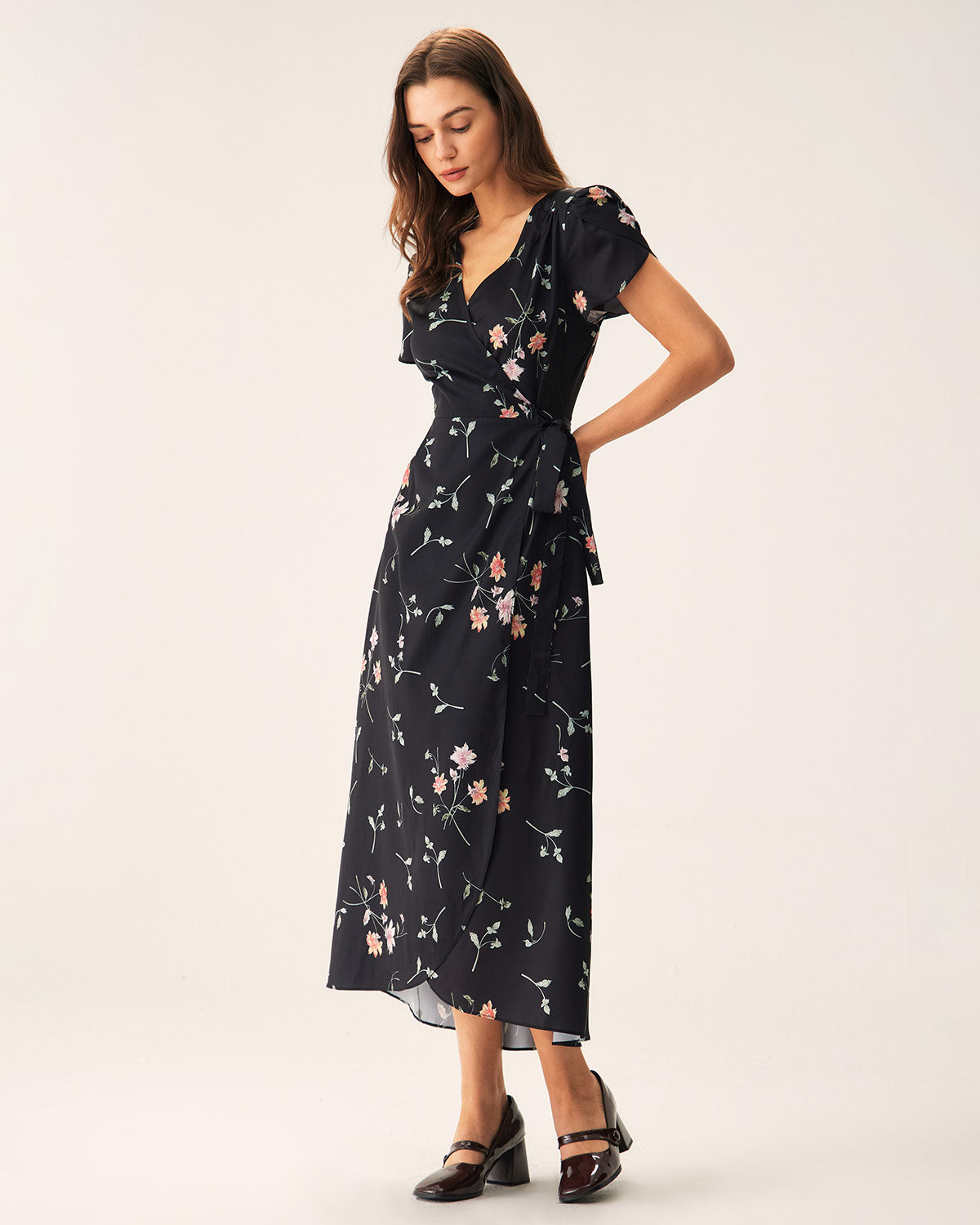 Black Floral Wrap Maxi Dress Discount 2025 Unisex