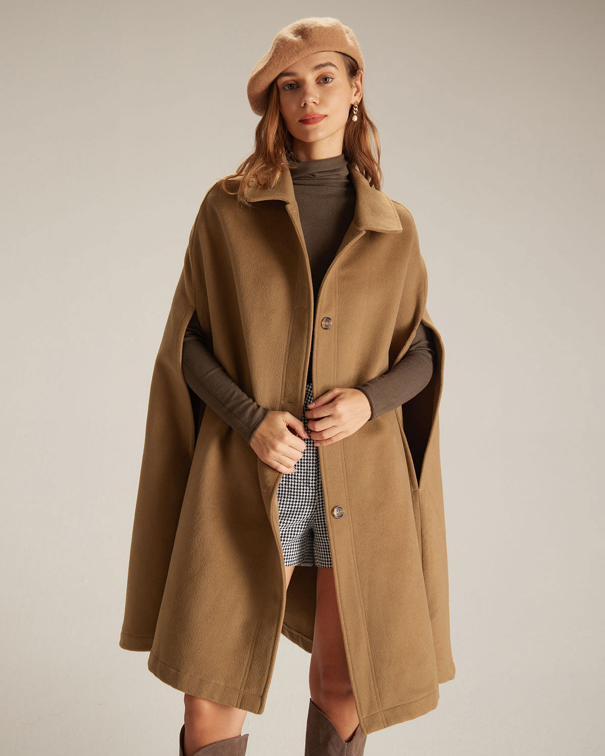 The Khaki Lapel Neck Single Breasted Cape Buy Cheap How Much