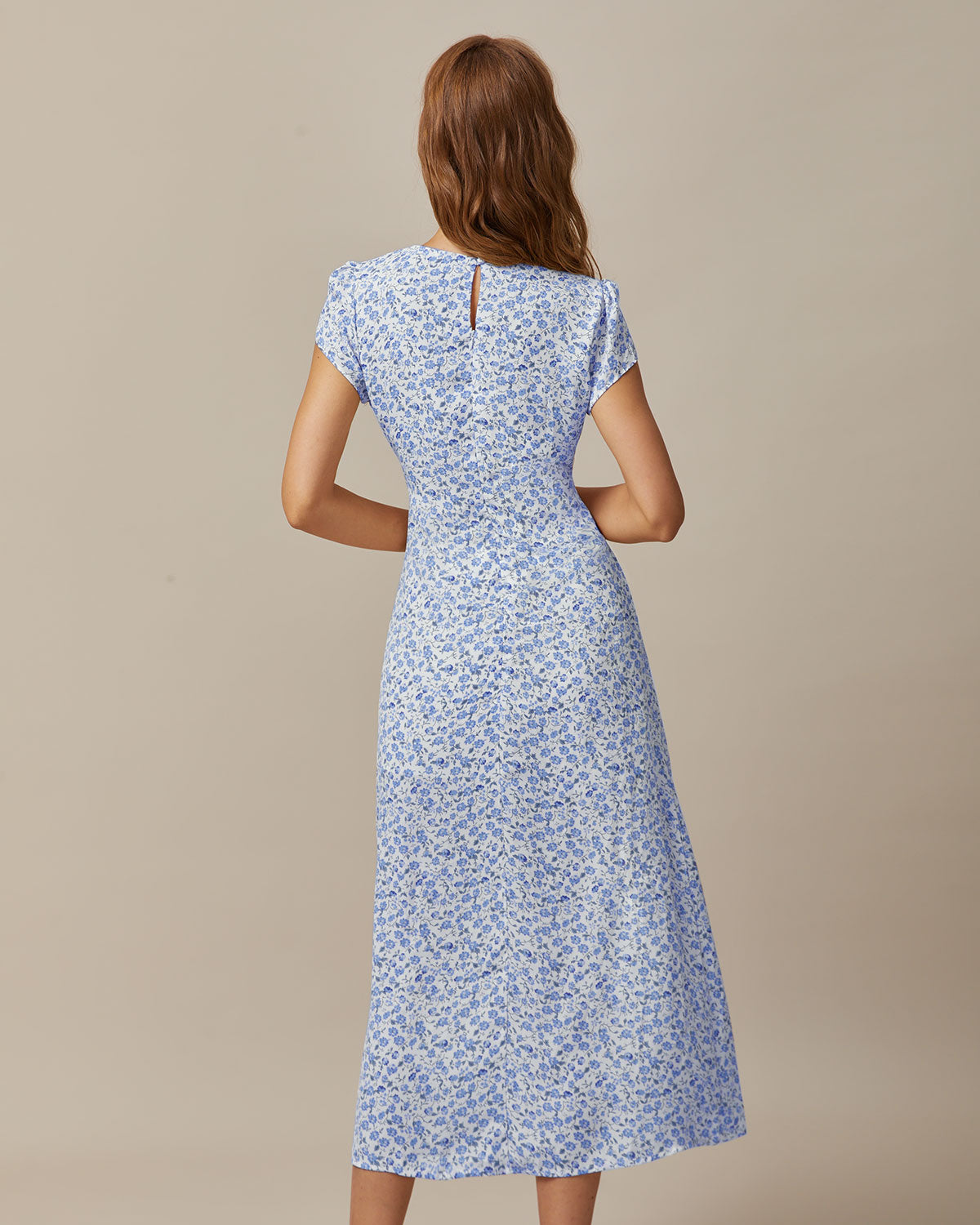 The Blue Round Neck Floral Slit Midi Dress Clearance Explore