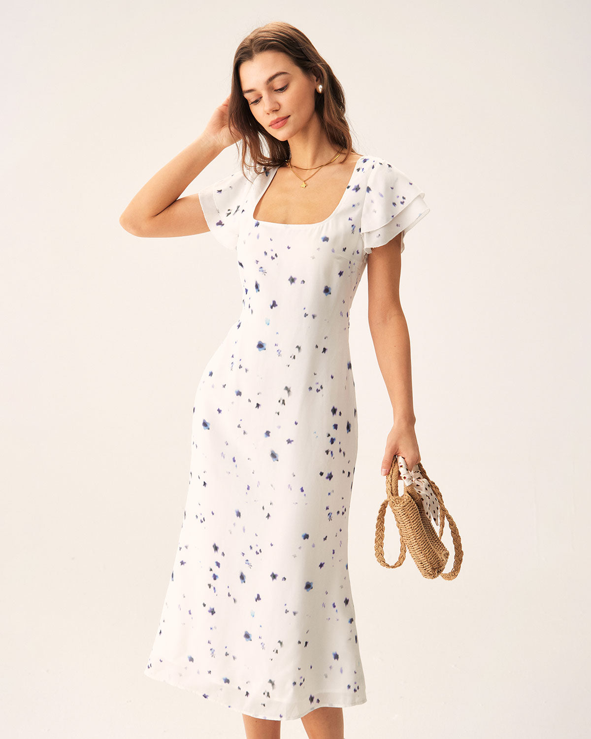 Beige Floral Square Neck Midi Dress Discount High Quality