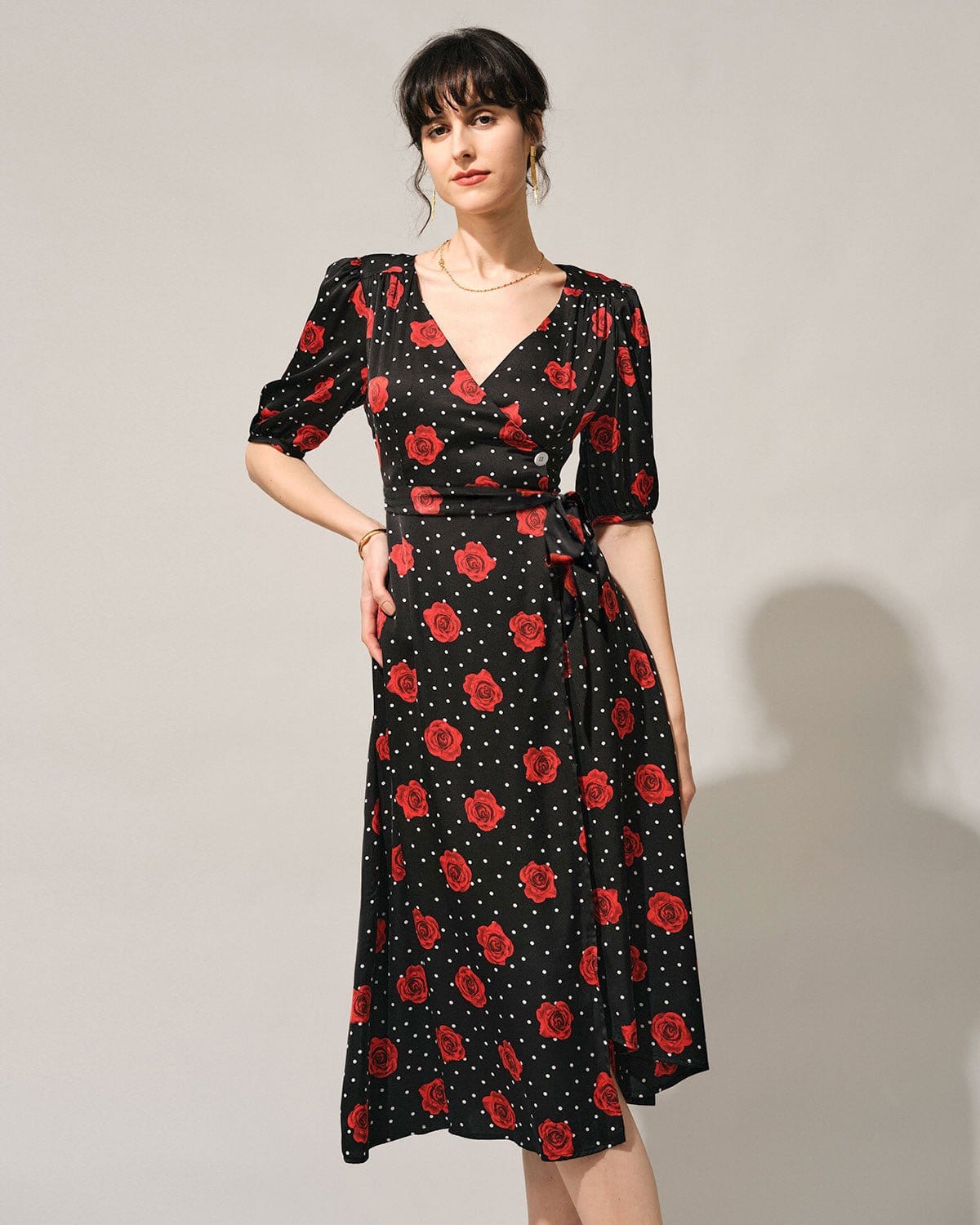 The V Neck Puff Sleeve Floral Wrap Midi Dress Discount Cost