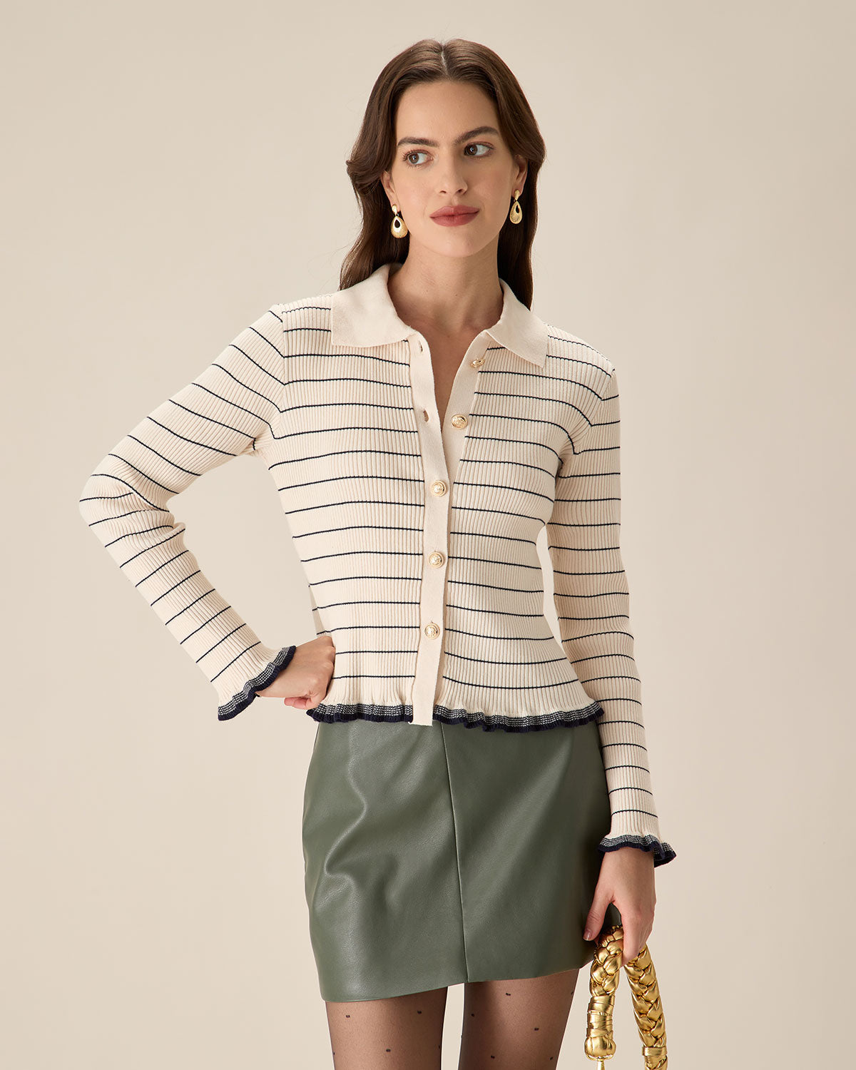 Apricot Striped Poet Sleeve Cardigan Really Cheap Shoes Online