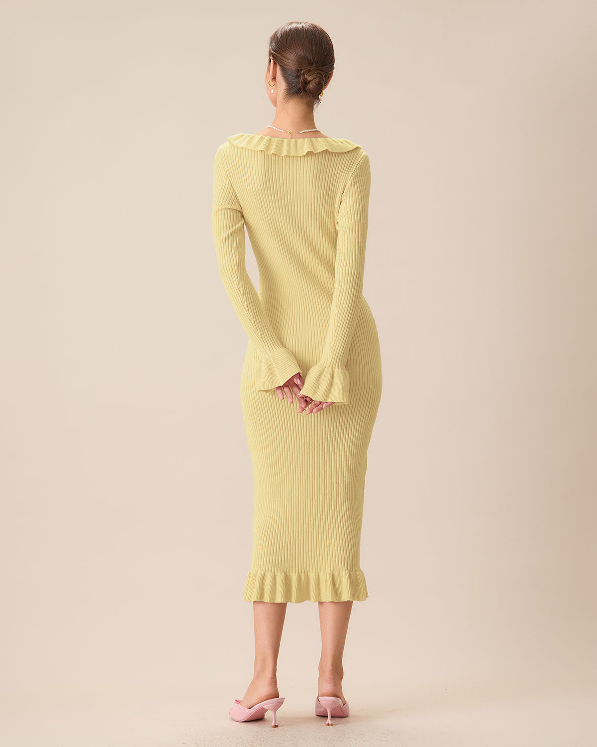 Yellow U-Neck Ruffle Bodycon Sweater Dress Sale For Nice