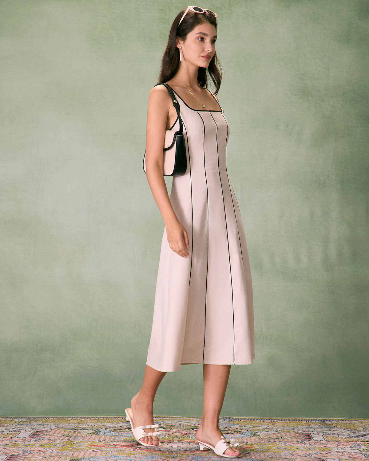 The Khaki Square Neck Contrast Midi Dress Cheap Sale Shop