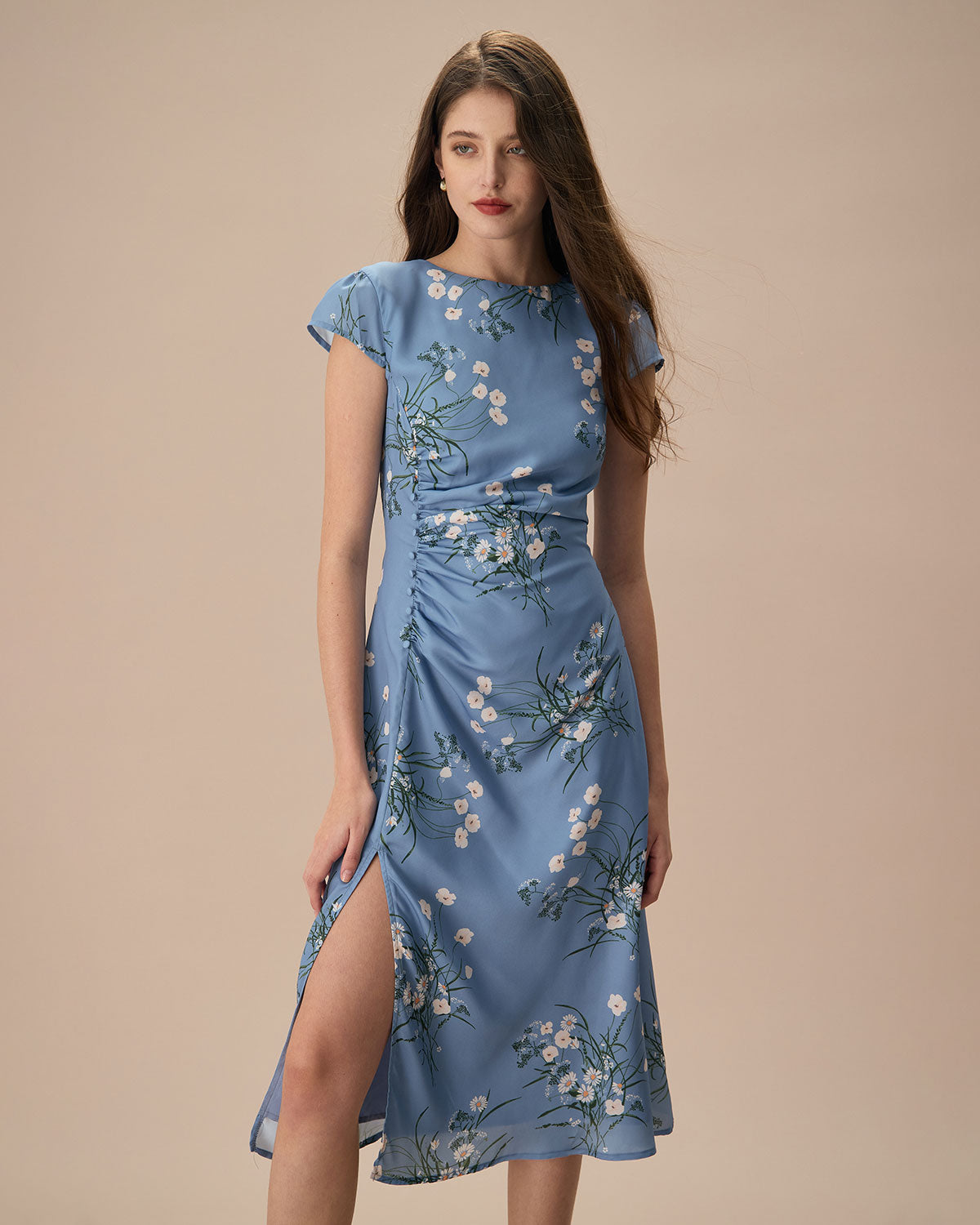 The Blue Round Neck Slit Floral Midi Dress Buy Cheap For Nice