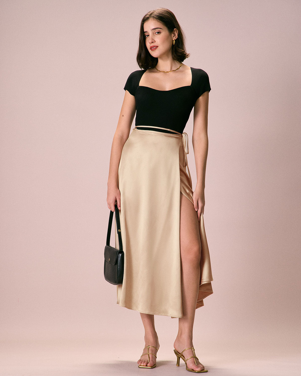 The Khaki Satin Lace-Up Wrap Midi Skirt Good Selling Cheap Pice