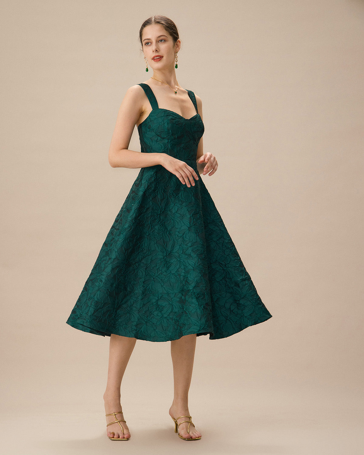 Green Sweetheart Neck Jacquard Midi Dress Classic For Sale