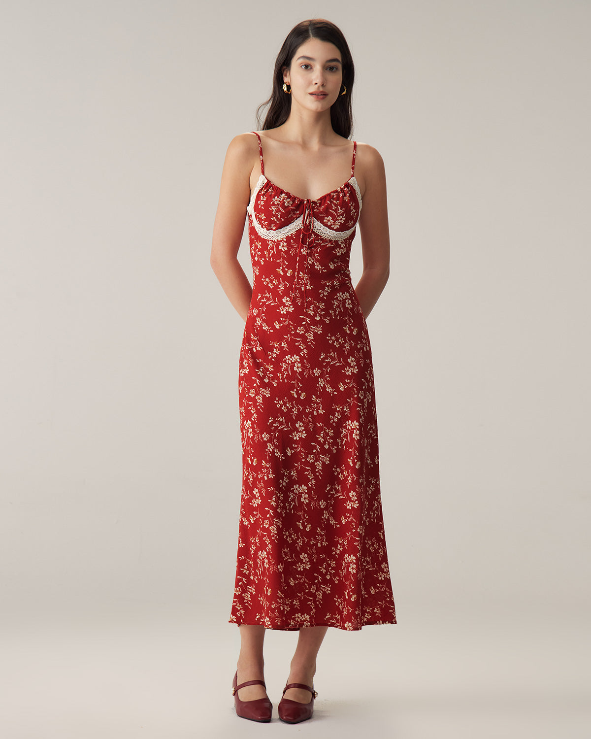 Red Floral Ruched Slip Midi Dress Many Kinds Of Sale Online