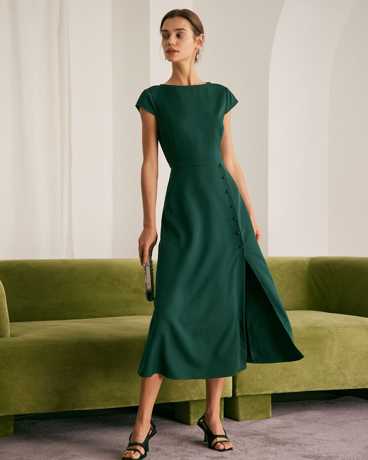 The Green Boat Neck Cutout Back Midi Dress Sale Low Cost