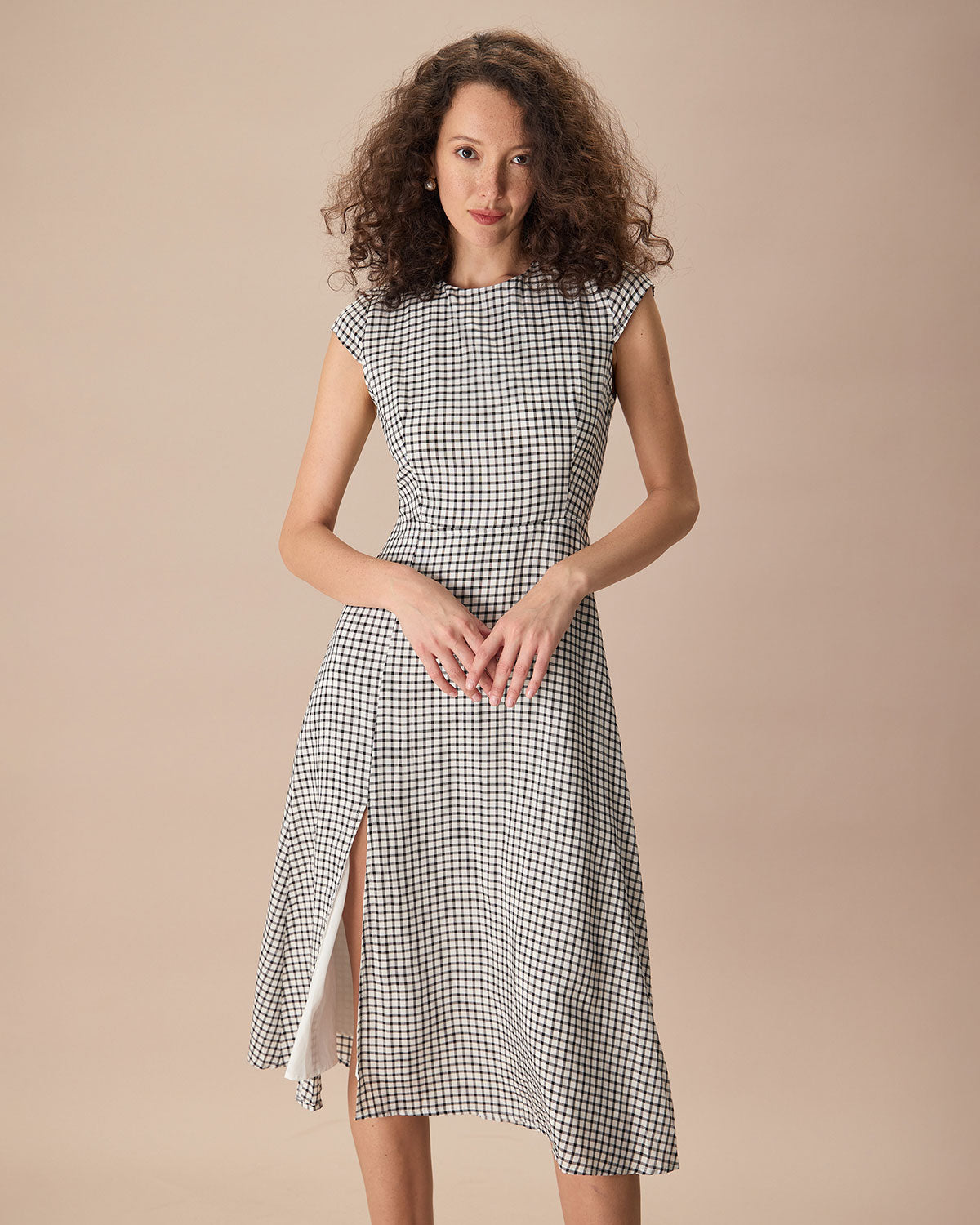 The Black Round Neck Cap Sleeve Plaid Midi Dress Cheap 100% Original