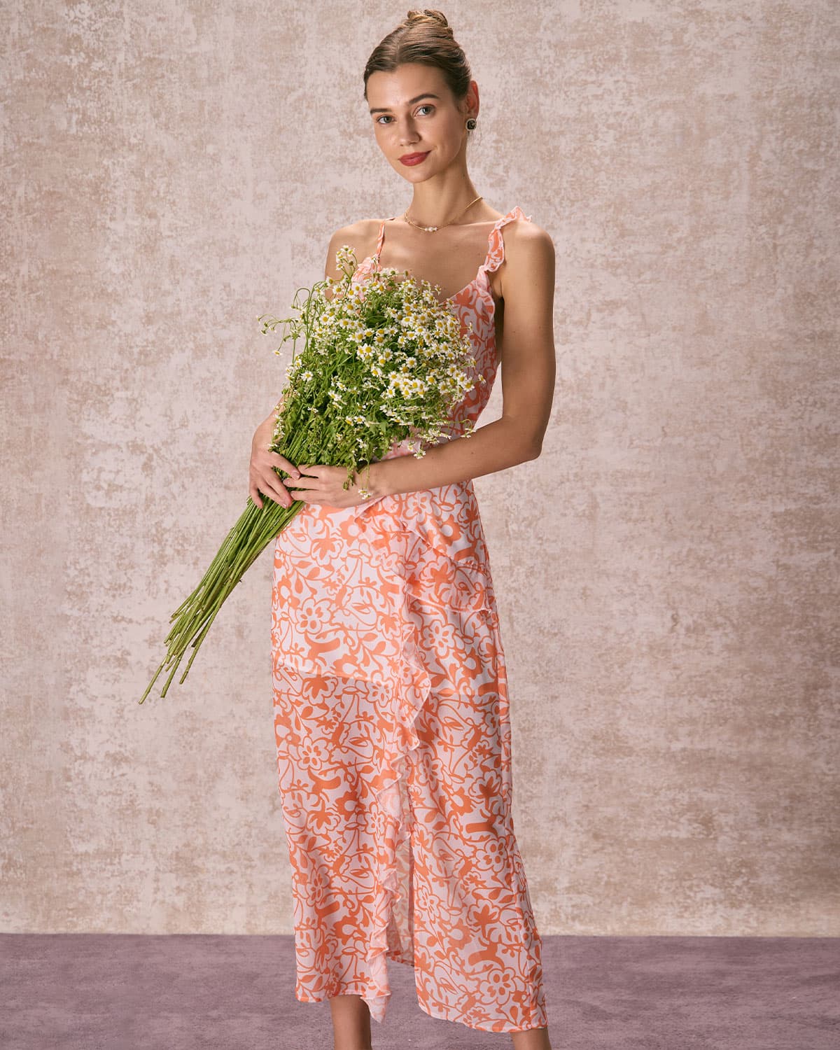 The Orange V Neck Floral Ruffle Maxi Dress Free Shipping Online