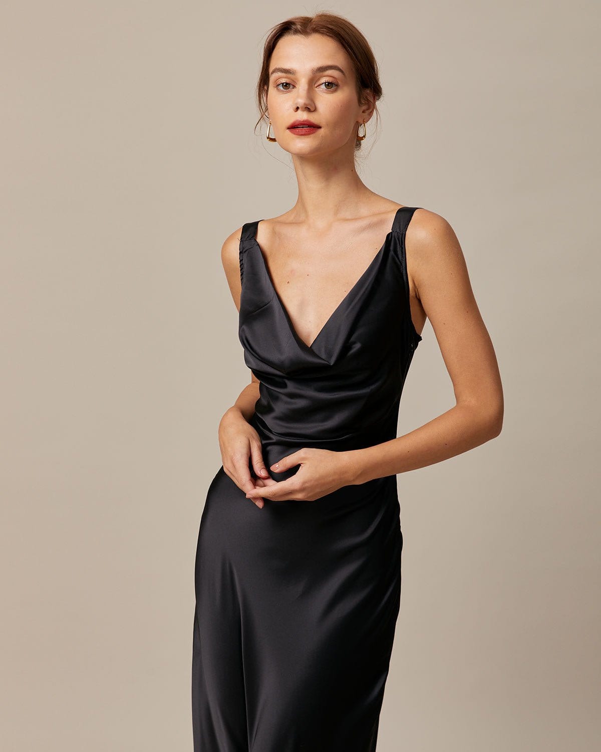 The Black Cowl Neck Sheath Satin Maxi Dress Outlet Amazing Pice