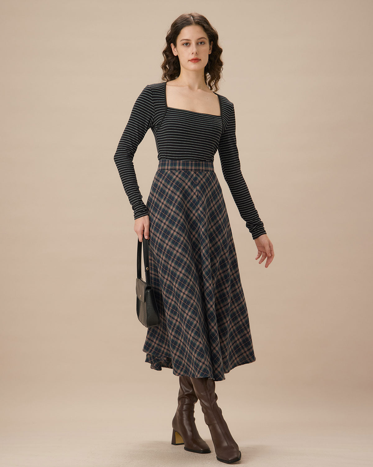 Navy Plaid Flared Midi Skirt Discount Best Pices