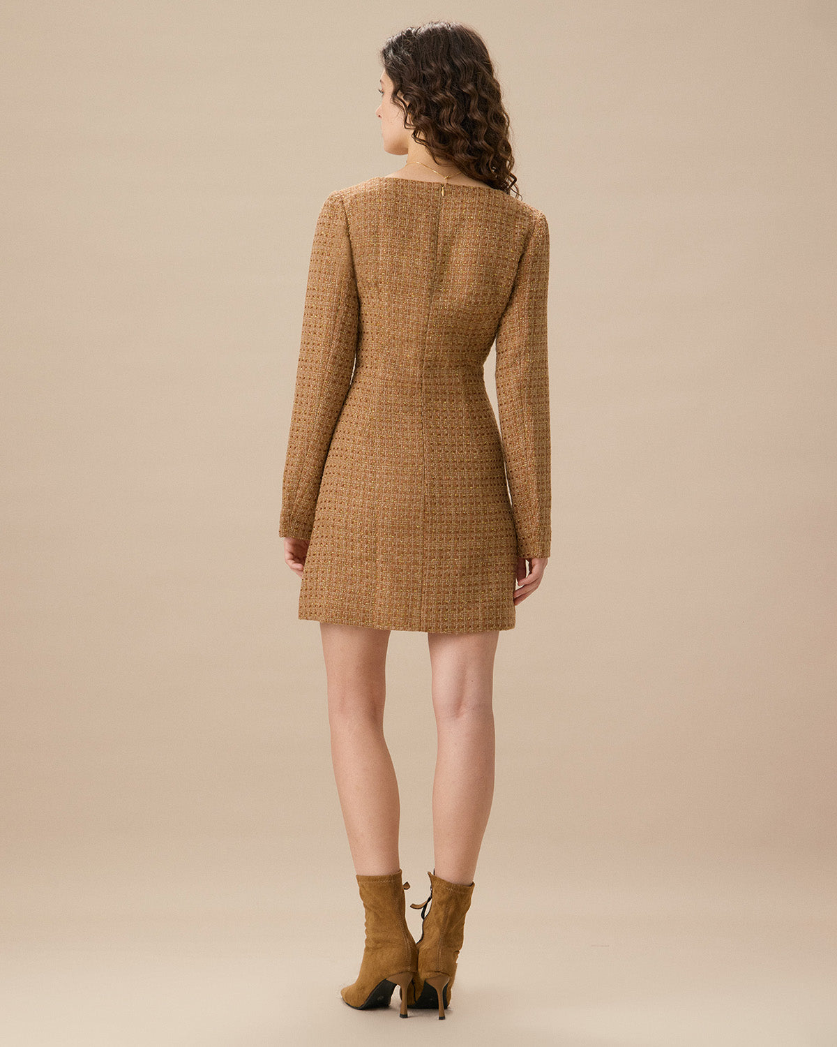 Brown U Neck Button-Up Tweed Mini Dress Outlet