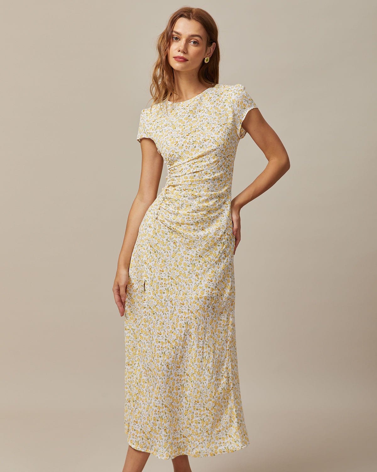 The Yellow Round Neck Floral Midi Dress Free Shipping Pices