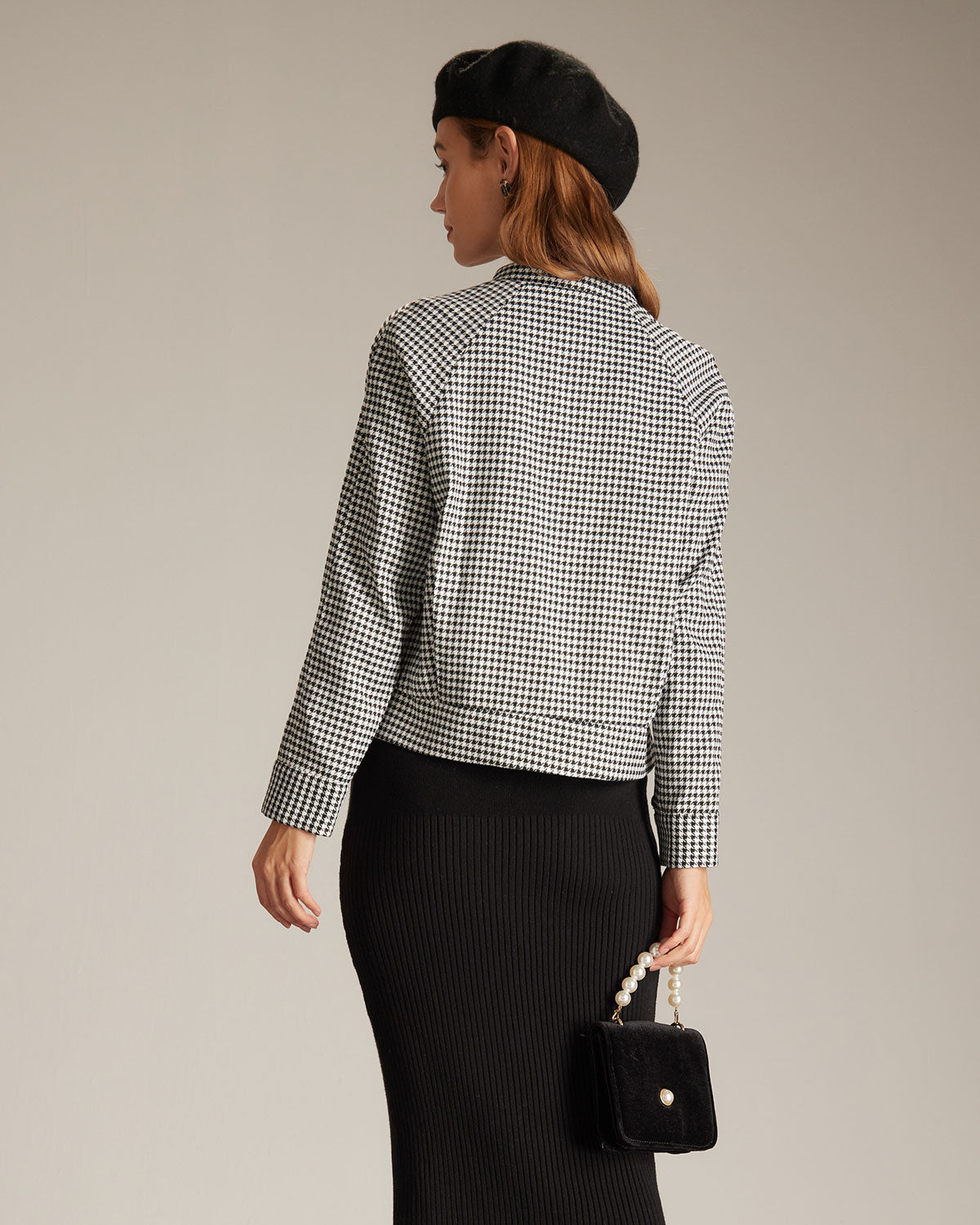 The Black Mock Neck Houndstooth Jacket In China Cheap Online